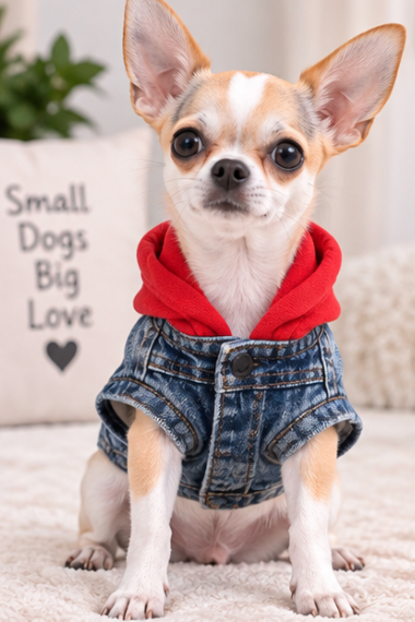 Denim Dog Jacket with Red Fleece Collar