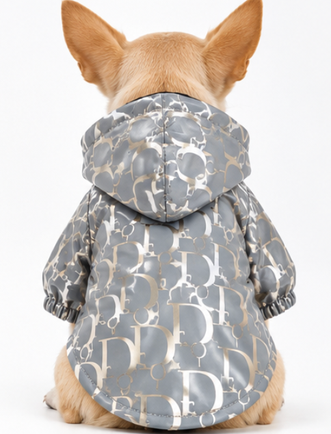 Dog Coat – Silver Hooded Rain Jacket