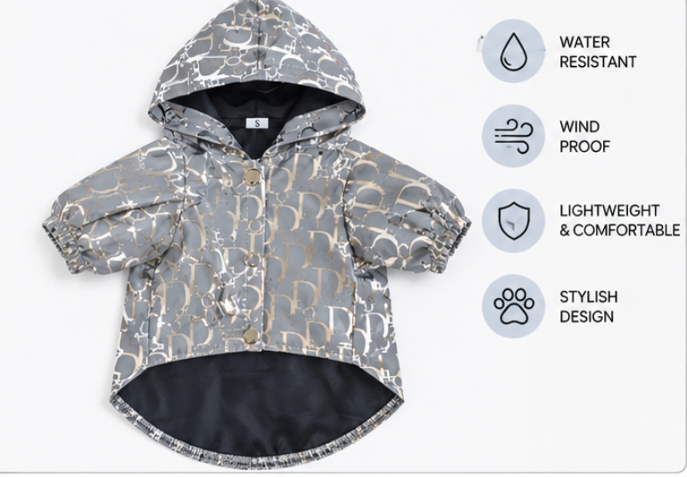 Dog Coat – Silver Hooded Rain Jacket