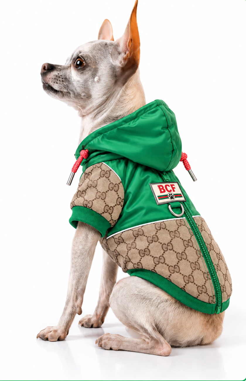 Dog Sweater – Green & Brown Hooded Jacket