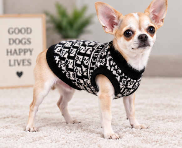 Black & White Designer-Style Dog Sweater Description