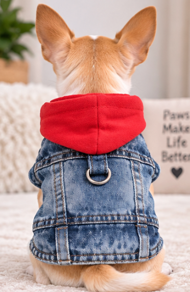 Denim Dog Jacket with Red Fleece Collar