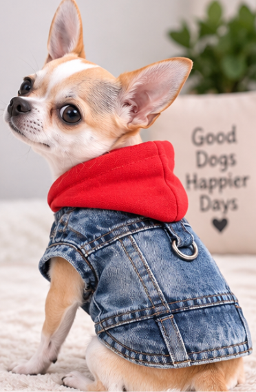 Denim Dog Jacket with Red Fleece Collar