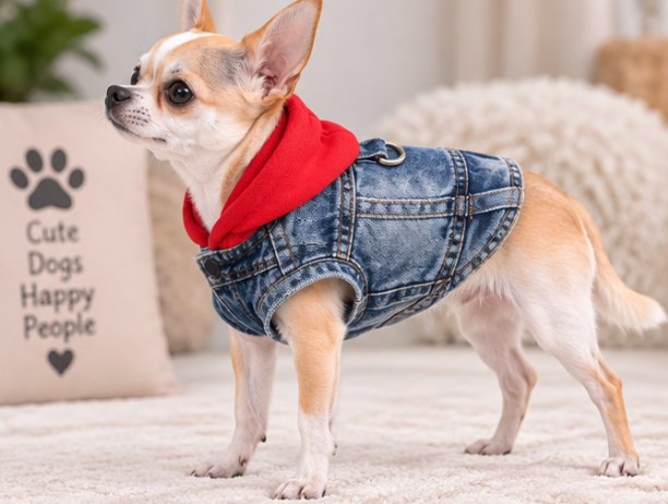 Denim Dog Jacket with Red Fleece Collar