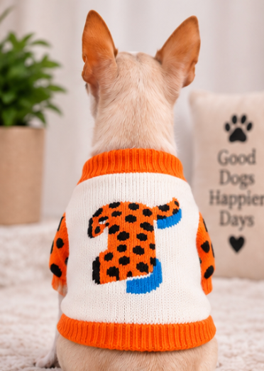 Orange & White Knit Dog Sweater – Fun Colorful Dog Clothing for Fall