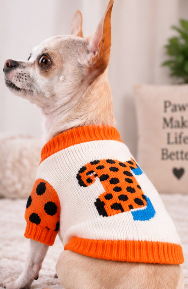 Orange & White Knit Dog Sweater – Fun Colorful Dog Clothing for Fall