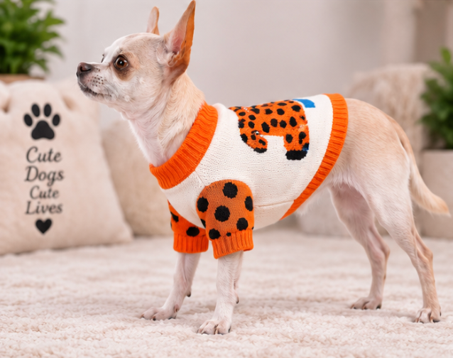 Orange & White Knit Dog Sweater – Fun Colorful Dog Clothing for Fall