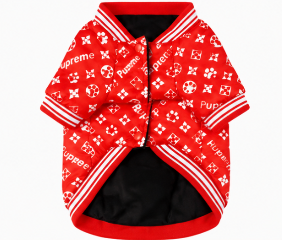 Designer Red Dog Jacket – Paw Print Luxury Streetwear for Dogs