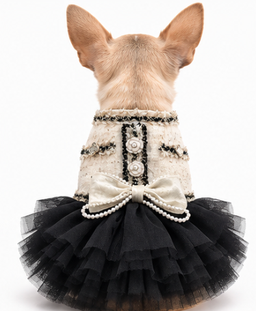 Elegant Black & Cream Dog Dress – Luxury Tulle Skirt for Special Occasions