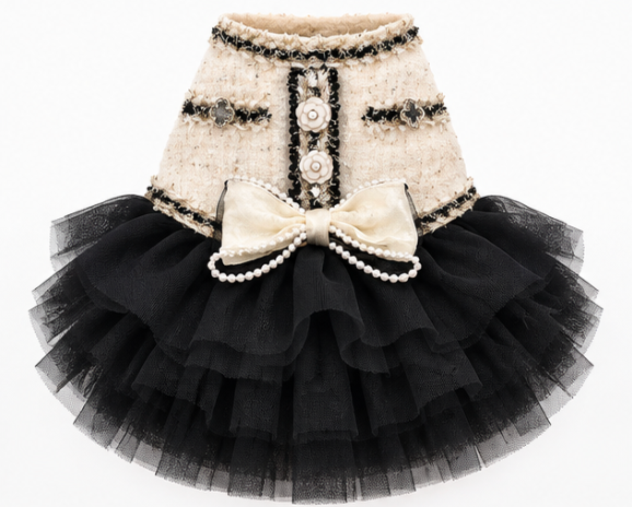 Elegant Black & Cream Dog Dress – Luxury Tulle Skirt for Special Occasions